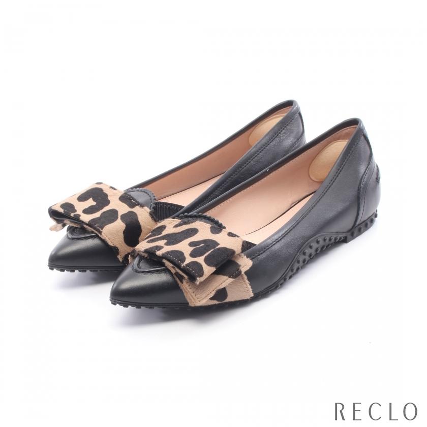 トッズ TOD'S フラットシューズ リボン レオパード レザー ハラコ