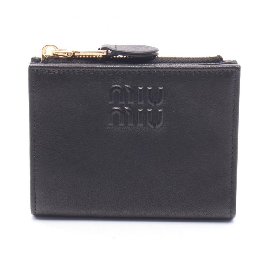 ⌘*⌘様 現行ロゴ miumiu♡ 二つ折り財布 ロゴ総柄 エンボス加工 RFI ミュウ Miu エンボスロゴ 二つ折り財布 財布 レザー ブラック系