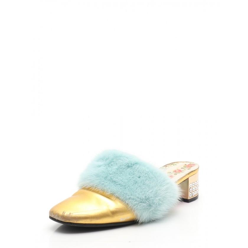 最終値下 グッチ Gucci ファートリム ミュール レザー クリスタル ミンクファー ゴールド 水色 マルチカラー レディース 中古
