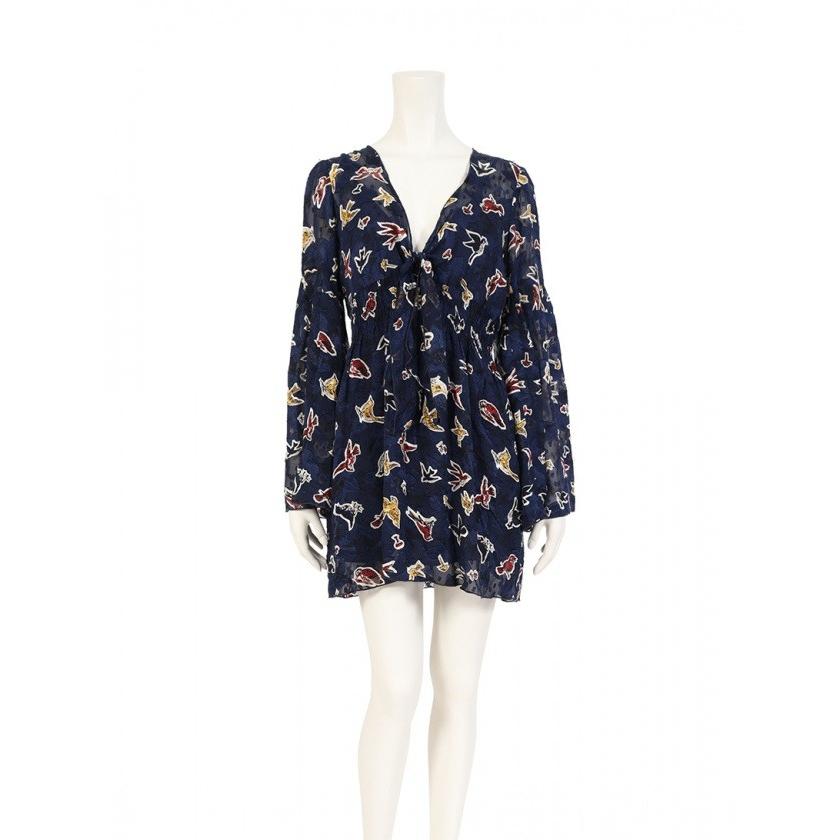 セール品 アナスイ Anna Sui シフォンワンピース 総柄 シルク ネイビー 黄 赤 鳥 0117c80 レディース 中古 当店人気の限定モデルが再々々入荷 Www Skylanceronline Com