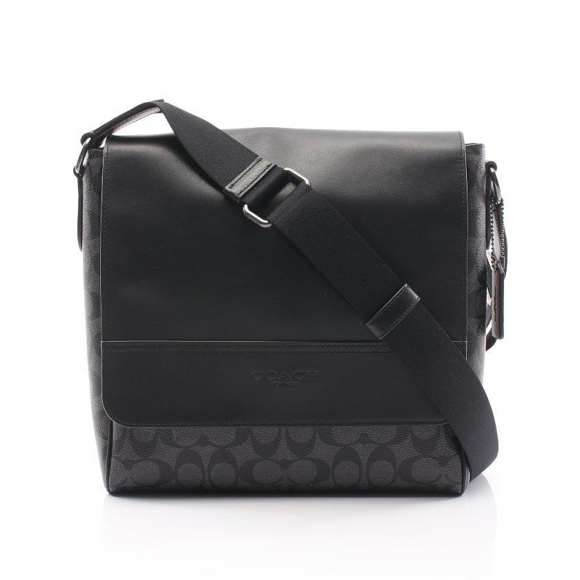 定番 コーチ 正規品 送料無料 ショルダーバッグ 中古 メンズ 573 ブラック グレー レザー Pvc ショルダーバッグ シグネチャー マップバッグ ヒューストン Signature Bag Map Houston Coach コーチ バッグ Amiro Pl