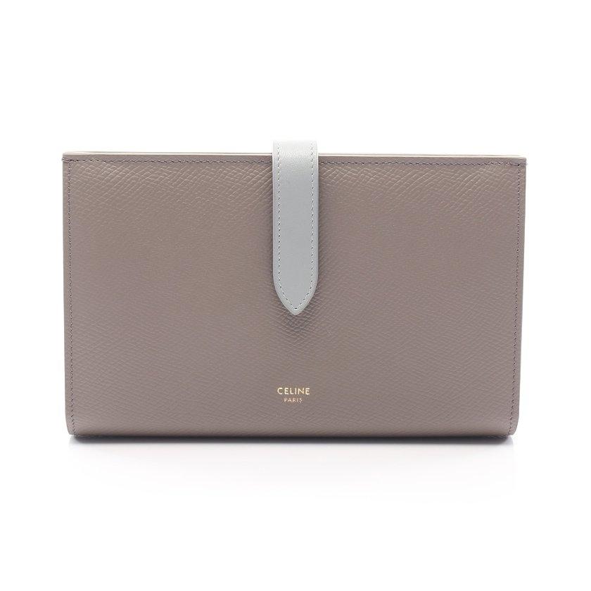 開店祝い セリーヌ Celine ラージ ストラップ ウォレット 二つ折り長財布 レザー グレーベージュ ライトグレー ペブル ミネラル 10b633bru レディース 中古