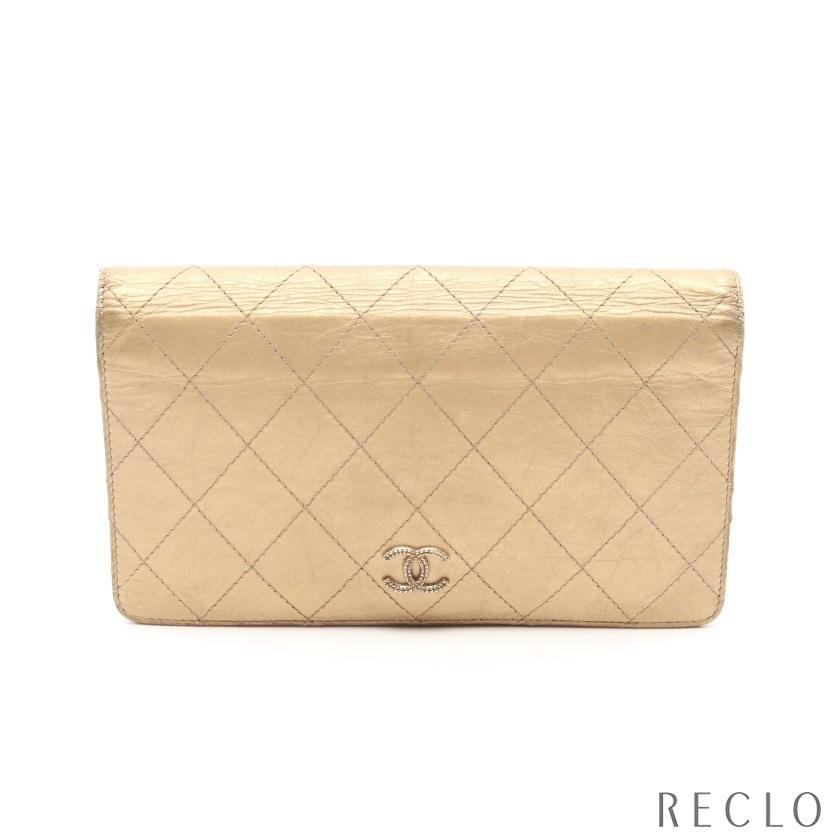 シャネル Chanel マトラッセ 二つ折り長財布 レザー ゴールド ゴールド 中古 レディース 財布 ゴールド金具 レディース