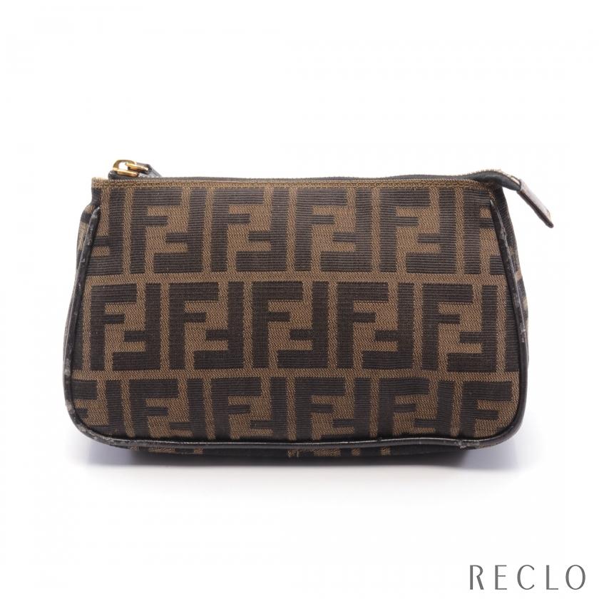 フェンディ FENDI ズッカ ポーチ キャンバス レザー ブラウン ブラック
