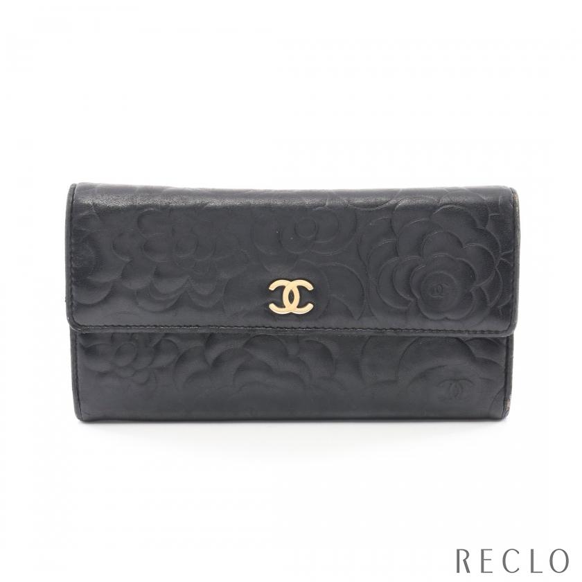 シャネル CHANEL カメリア 二つ折り長財布 ラムスキン ブラック