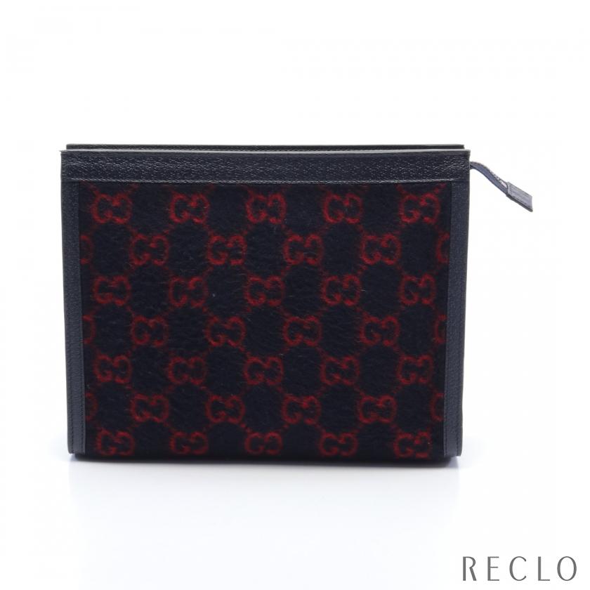 グッチ GUCCI GG柄 クラッチバッグ ウール レザー ネイビー レッド 