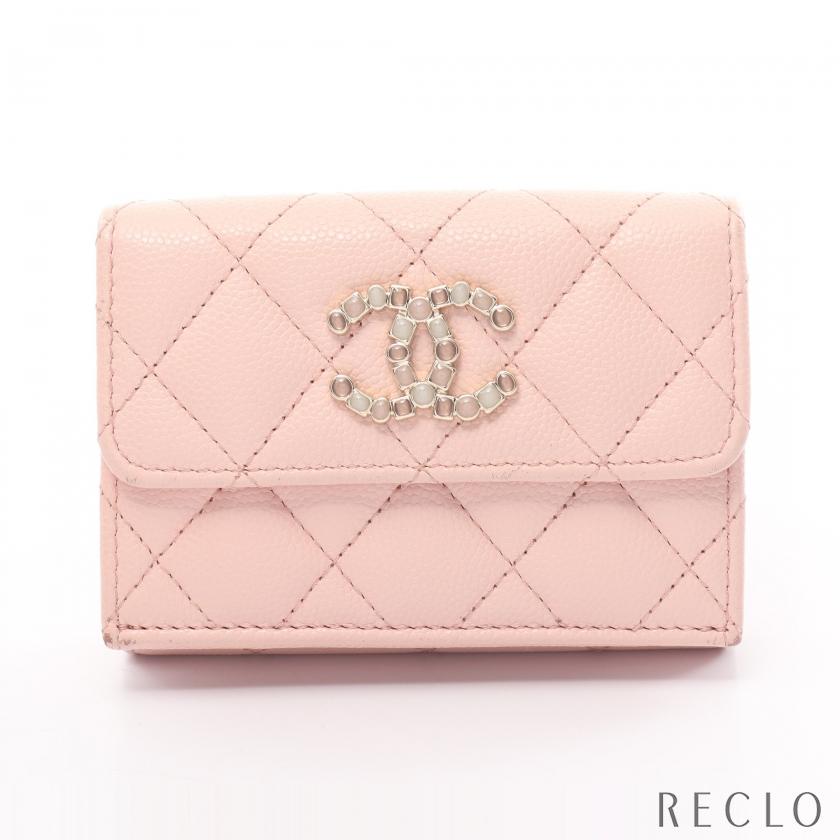 シャネルCHANELマトラッセ キャビアスキン 三つ折り財布 ピンク