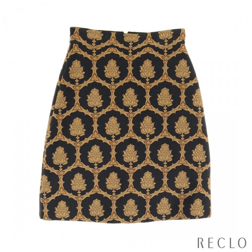 グッチ GUCCI スカート 刺繍 総柄 レーヨン ブラック ライトブラウン  