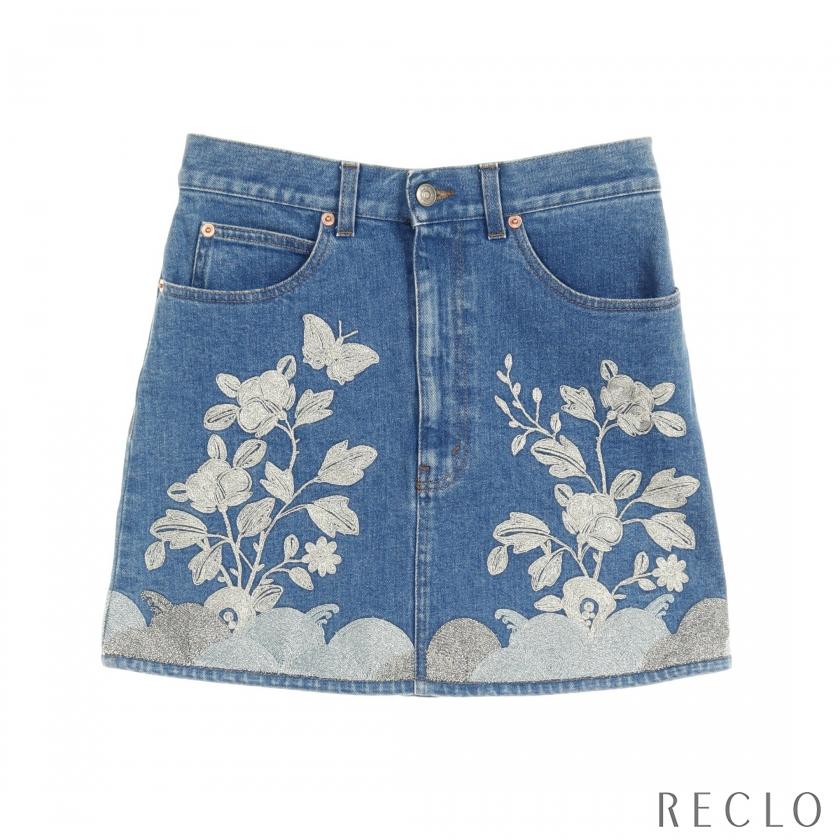 GUCCI（グッチ） デニムスカート 刺繍 コットン ブルー 481449