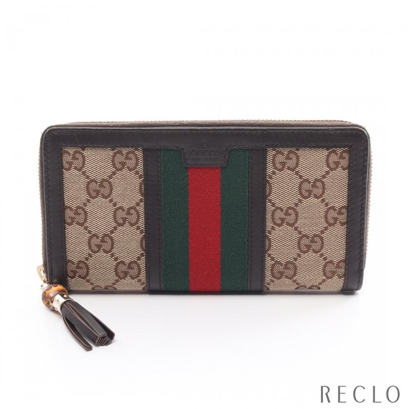 【美品】グッチ　長財布　シェリーライン　バンブー　ラウンドファスナー　レザー GUCCI（グッチ） GUCCI GGキャンバス バンブー シェリーライン