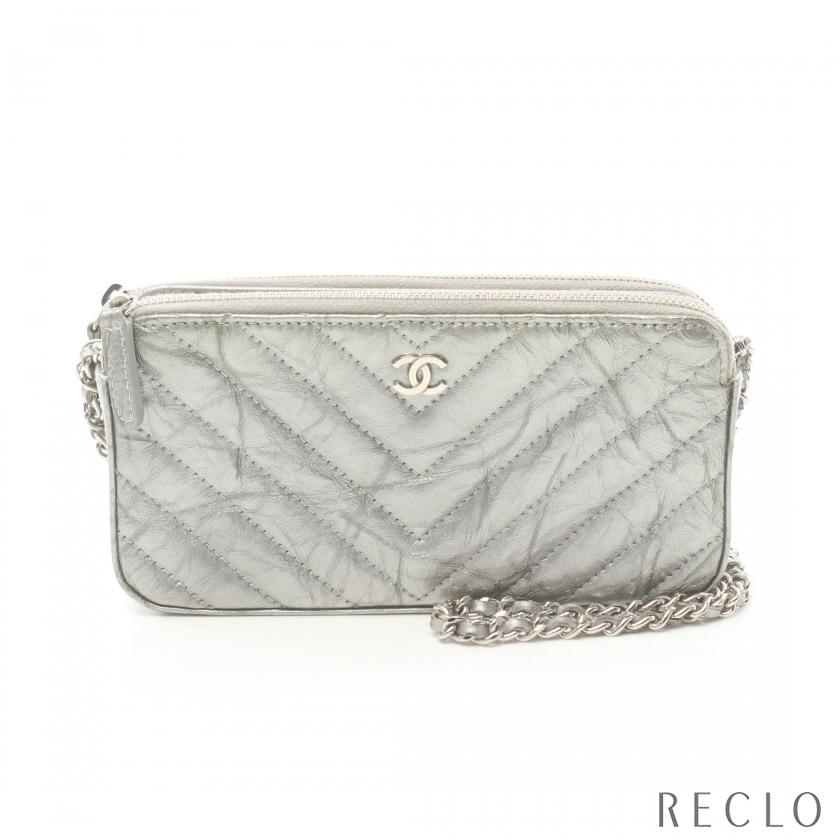 CHANEL シャネル シェブロン チェーンウォレット レザー グレー  