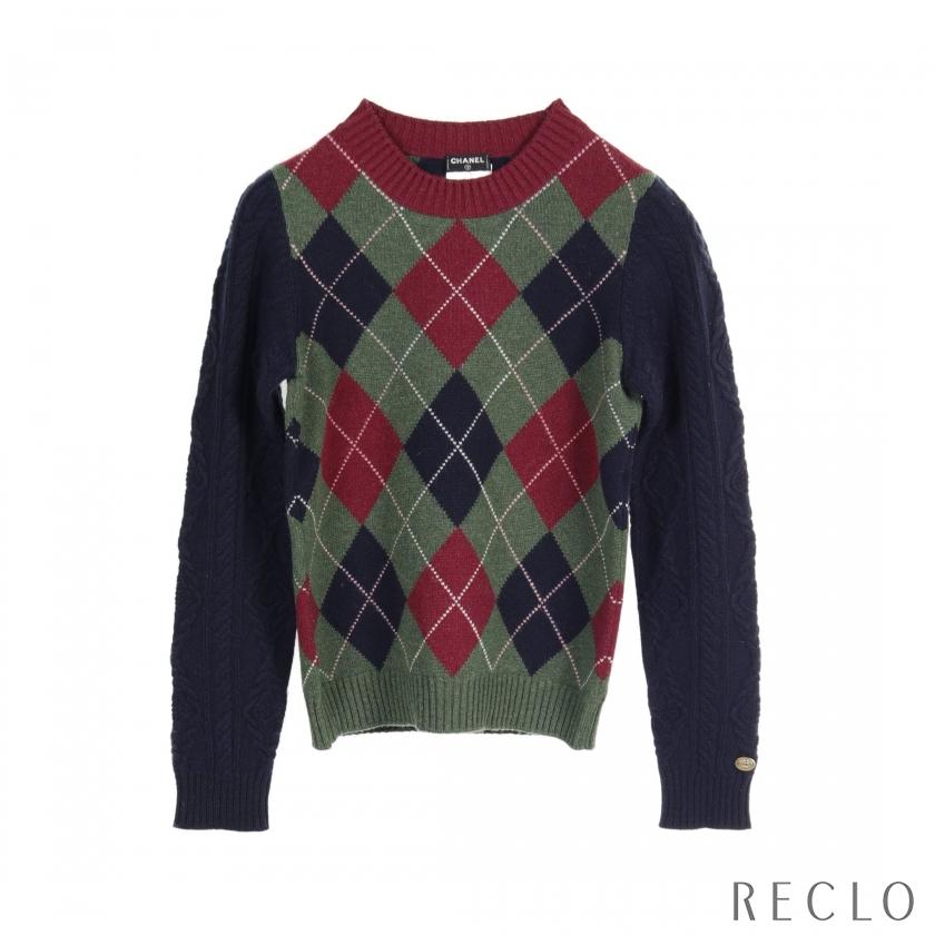 シャネル CHANEL ニット アーガイル カシミヤ ネイビー グリーン