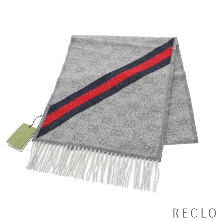 GUCCI（グッチ） マフラー ウール グレー ネイビー レッド メンズ 中古
