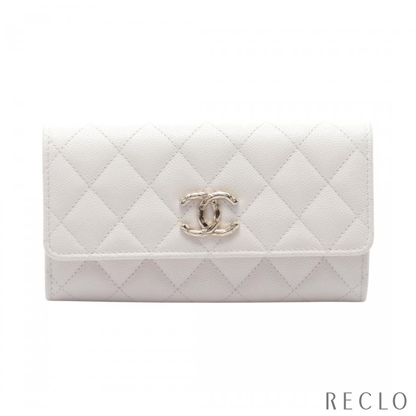 CHANEL シャネル マトラッセ 二つ折り長財布 キャビアスキン ホワイト 