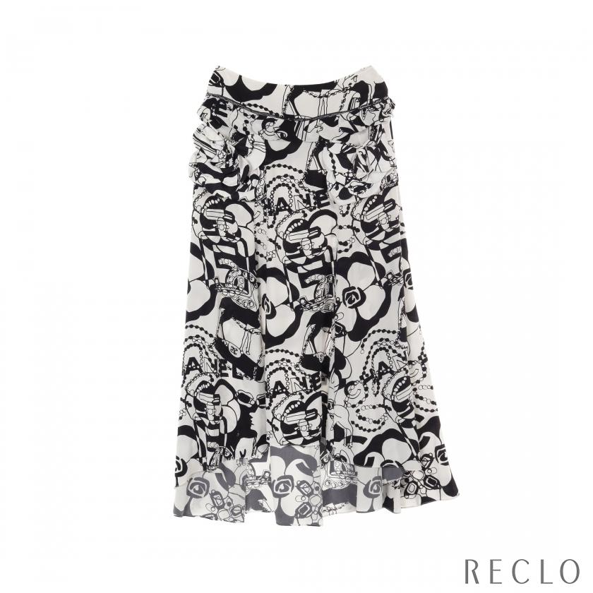 シャネル CHANEL カメリア ココマーク スカート 総柄 シルク ホワイト