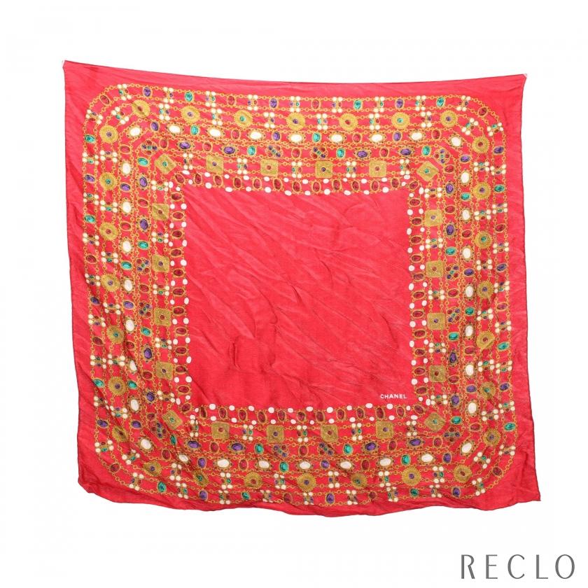 シャネル CHANEL ココマーク スカーフ シルク レッド マルチカラー  