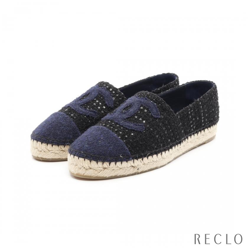【未使用品】シャネル　ココマークロゴ ツイードエスパドリーユ　ネイビー×ブラック CHANEL（シャネル） ココマーク エスパドリーユ フラットシューズ