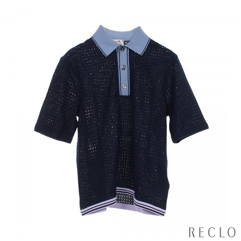 エルメス HERMES ニット ポロシャツ コットン ネイビー ライトブルー