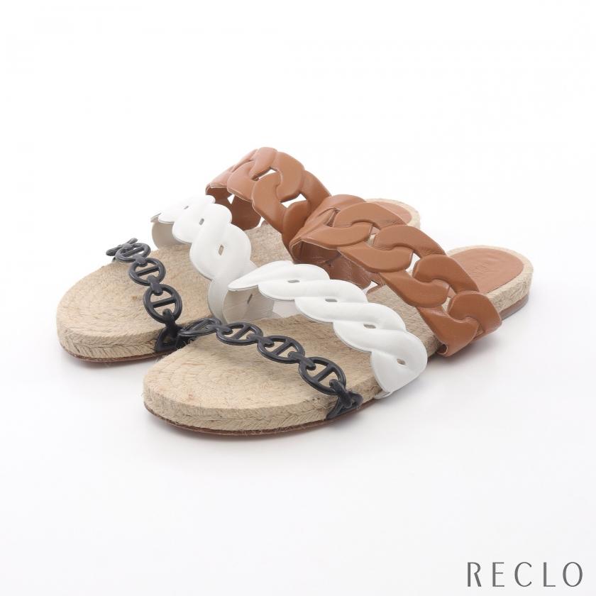 エルメス HERMES グウェン エスパドリーユ サンダル 靴 レザー レディース ブラウン系 / ホワイト系 / ブラック系 【中古】 HERMES（エルメス） グウェン エスパドリーユ サンダル レザー