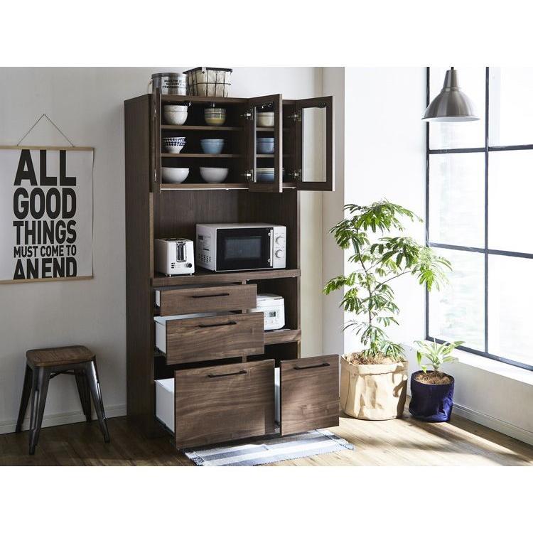 【新品未開封】 食器棚 キッチンボード 幅90 奥行45 高さ180 モイス加工付き 完成品 オーク ウォールナット ソフトクローズ レンジ台 ガラス扉 代引不可 【BCD7326299682】(26400円)