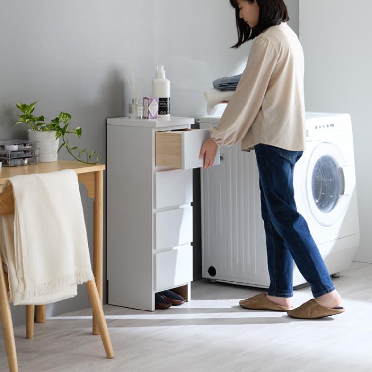 ランドリー収納 完成品 国産 幅30cm 薄型 ロータイプ 収納 隙間収納 ランドリーラック ストッパー付き引き出し オープン棚板 耐震ダボ チェスト 代引不可_17