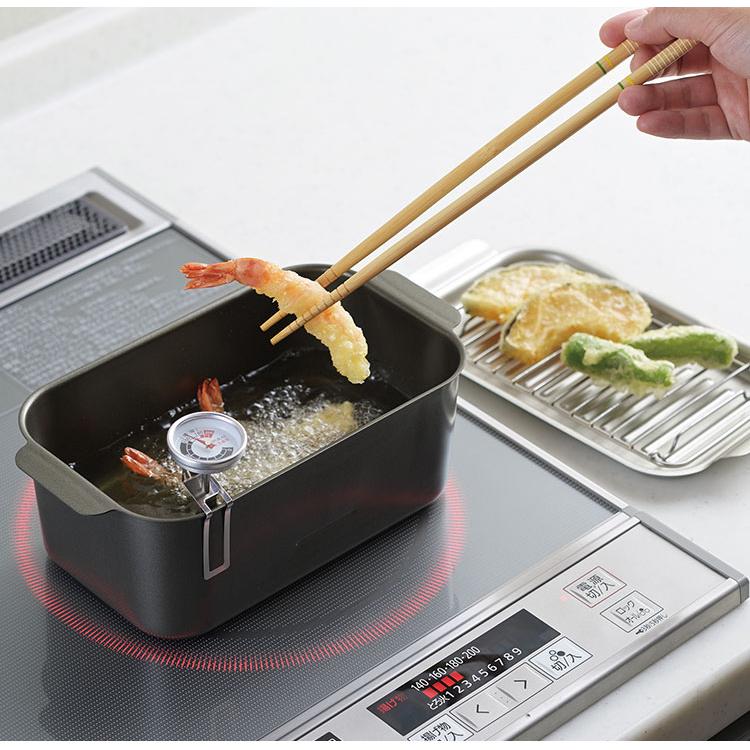 角型 天ぷら鍋 四角鍋 蓋付 食彩亭 TP-16 アミ 温度計 付 セット 角型 天ぷら鍋 四角鍋 蓋付 食彩亭 TP-16 アミ 温度計 付 セット