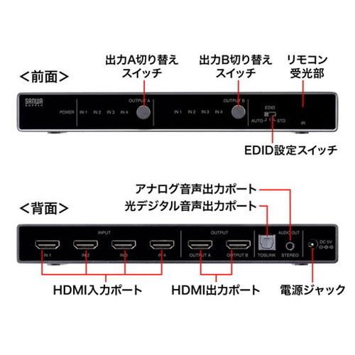 サンワサプライ 4K・HDR・光デジタル出力付きHDMIマトリックス切替器 4