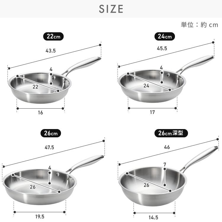 tesione テシオン ステンレスフライパン 22cm+24cm+26cm+深型26cm 4点