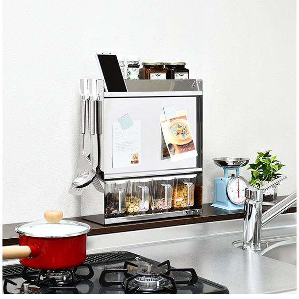 日本製 燕三条 フラップ扉のステンレススパイスラック ポット4 調味料