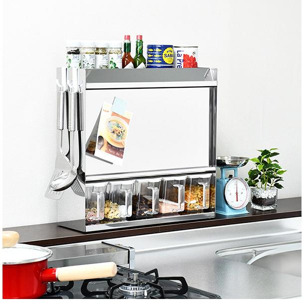 日本製 燕三条 フラップ扉のステンレススパイスラック ポット5 調味料