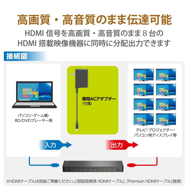 ELECOM HDMI分配器 4K 60P 対応 1入力 8出力 スプリッター ブラック エレコム VSP-HDP18BK 代引不可｜recommendo｜03