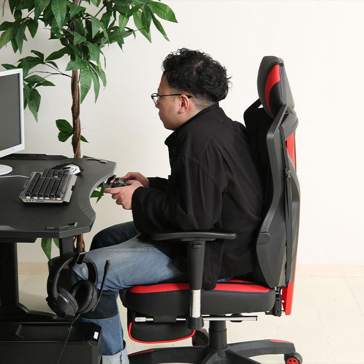 メッシュゲーミングチェア レイズ フットレスト付きレッド 昇降式 回転
