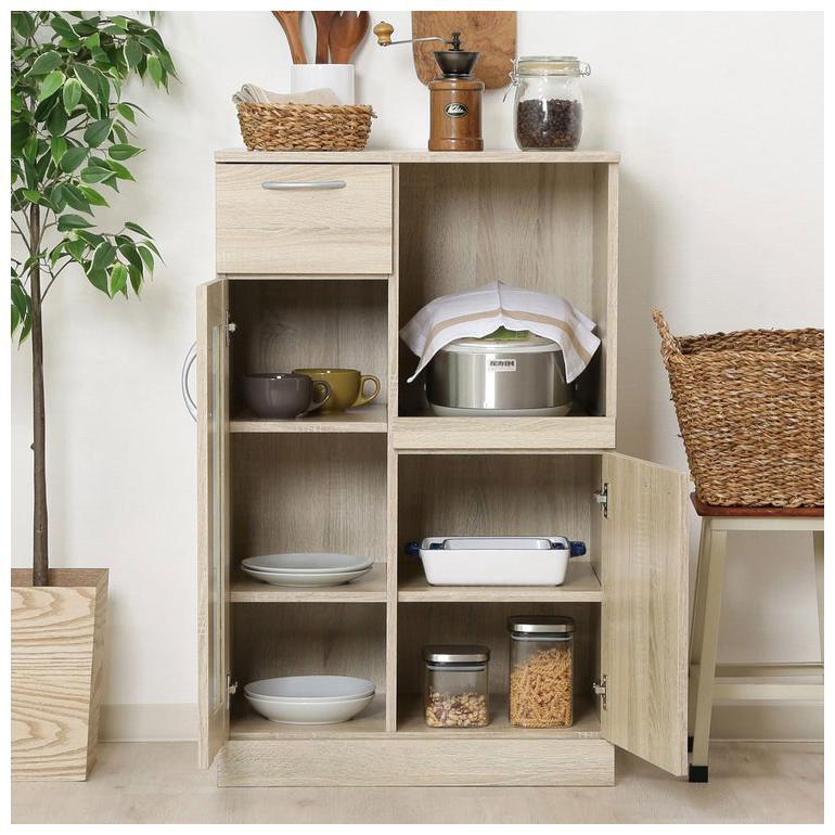 キッチンボード 幅60cm ホワイトオーク 木目調 北欧 ガラス棚 スライド