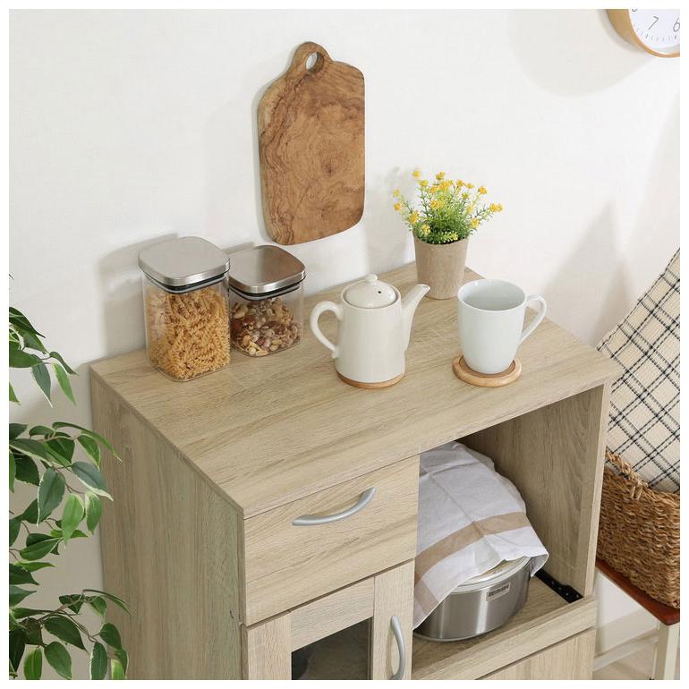 キッチンボード 幅60cm ホワイトオーク 木目調 北欧 ガラス棚 スライド