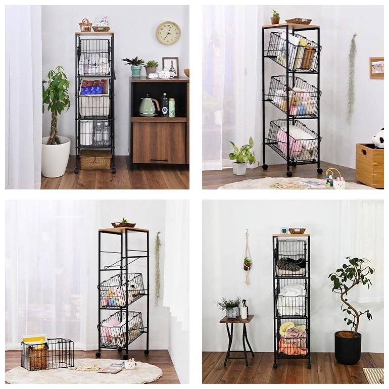 キッチンワゴン バスケット付き 3段 持ち運べるかご付き キャスター