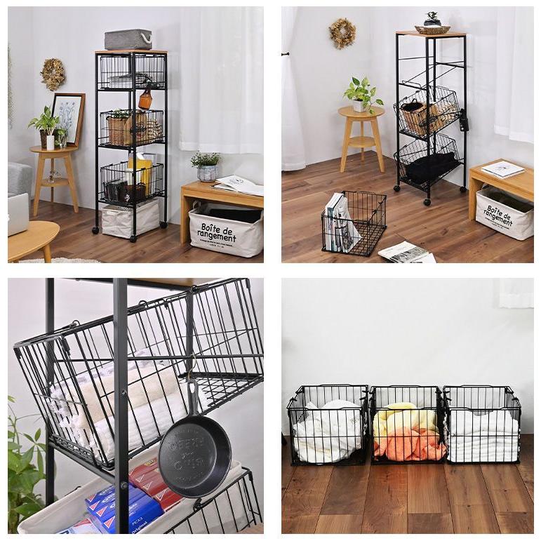 キッチンワゴン バスケット付き 3段 持ち運べるかご付き キャスター