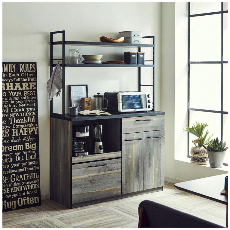 日本製 食器棚 レンジ台 幅120 国産 大川家具 キッチンボード スライド