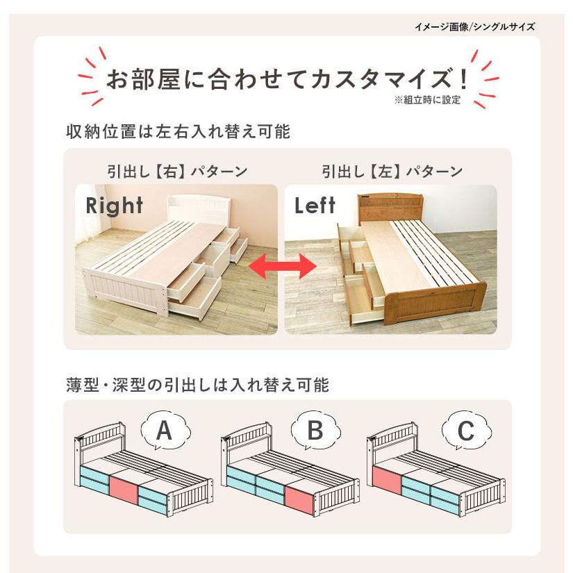 セミダブルベッド用木製ベッドフレーム　ヘッド&引出し付き 天然木 引出し付きベッド セミダブル 大容量 収納付きベッド ベッド