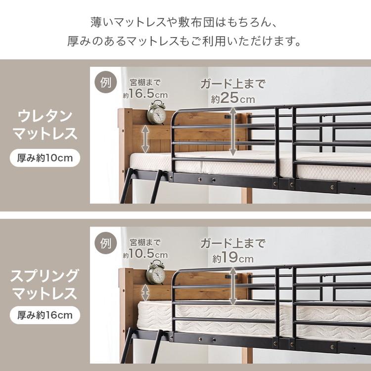 ロフトベッド 天然木 棚付き コンセント付き シングル パイプベッド ベッドガード 高さ137cm ロータイプ ベッドフレーム 代引不可の画像