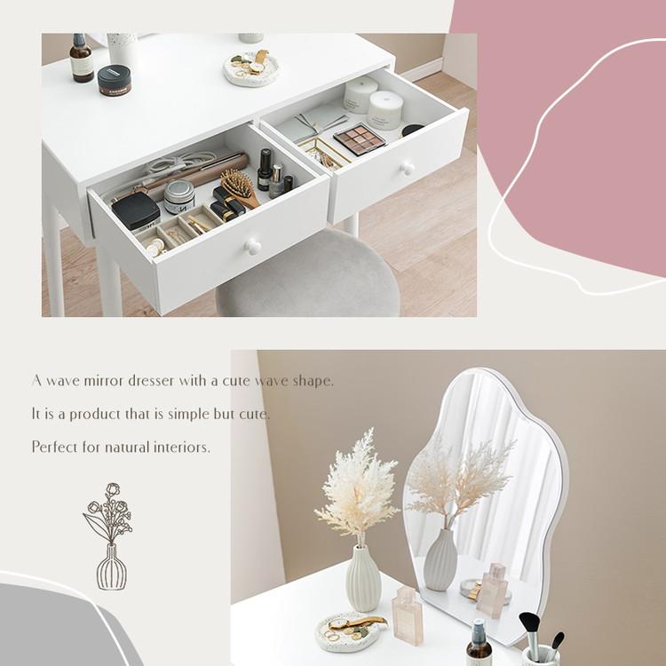 姫系女優 韓国風★ウェーブミラー型おしゃれドレッサー＆スツールセット 姫系女優 韓国風☆ウェーブミラー型おしゃれドレッサー