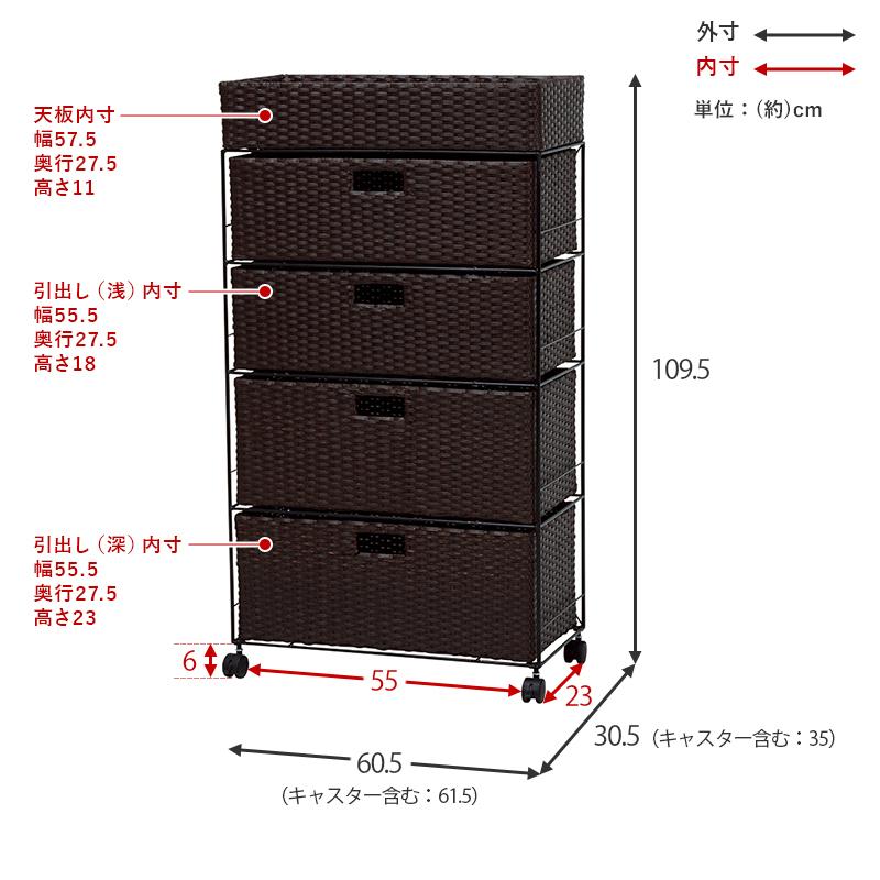 ランドリーラック 4段 ハイタイプ 幅60.5cm ラタン調 完成品 収納 かご カゴ 籠 棚 すき間収納 スリム ランドリーバスケット キャスター 代引不可_2