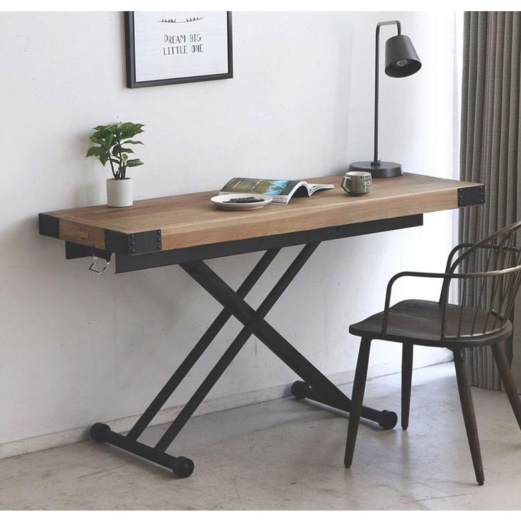 ガス圧昇降テーブル パイン無垢材×黒スチール ヴィンテージ調