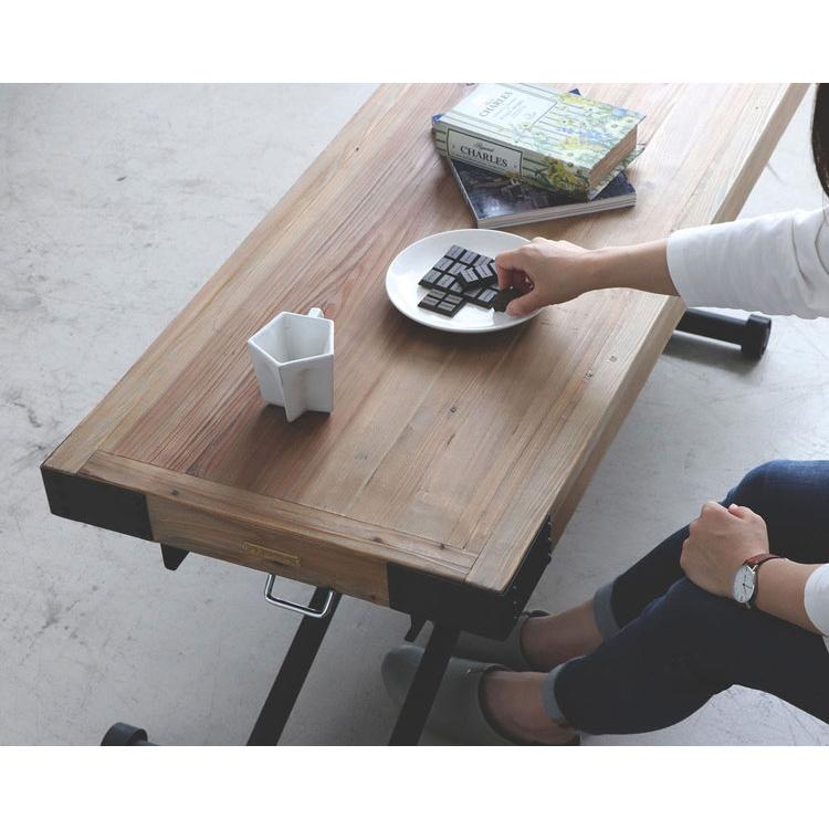 ガス圧昇降テーブル パイン無垢材×黒スチール ヴィンテージ調