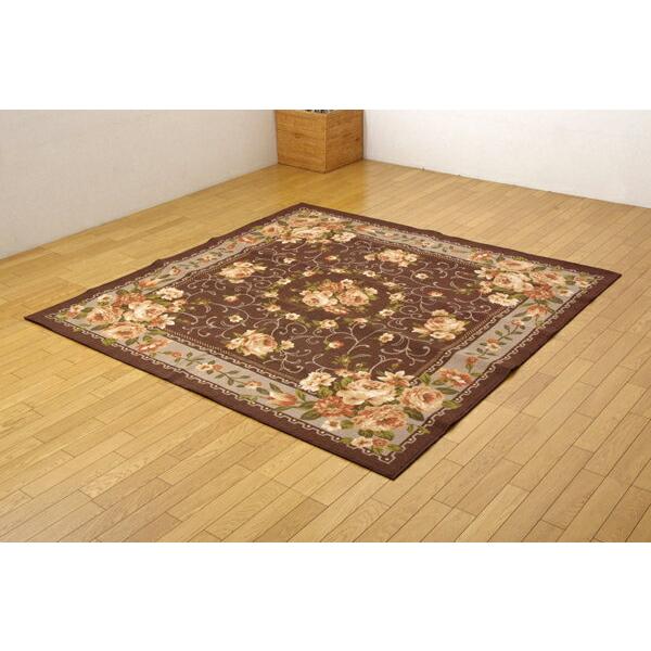 ナイロン 花柄 簡易カーペット 撥水キャンベル ブラウン 江戸間6畳（約261×352cm） 代引不可