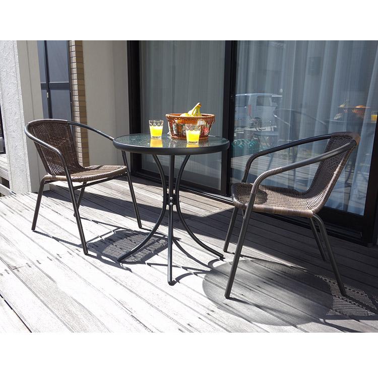 ラタン調 ガーデン 2点セット ブラック ガーデンチェア ガラステーブル カフェ風 テラス バルコニー ベランダテーブル ベランダ テラス バルコニー 代引不可_6