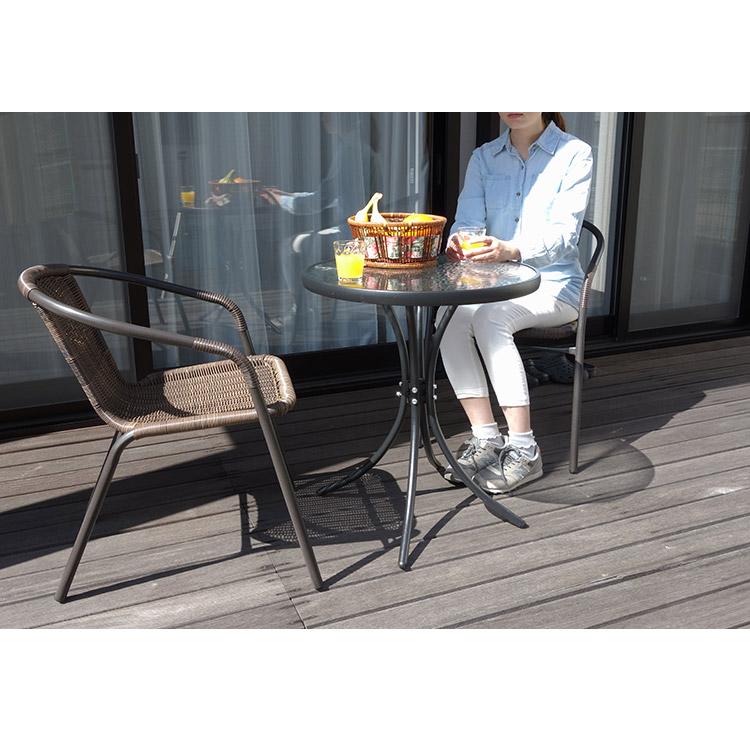 ラタン調 ガーデン 2点セット ブラック ガーデンチェア ガラステーブル カフェ風 テラス バルコニー ベランダテーブル ベランダ テラス バルコニー 代引不可_7