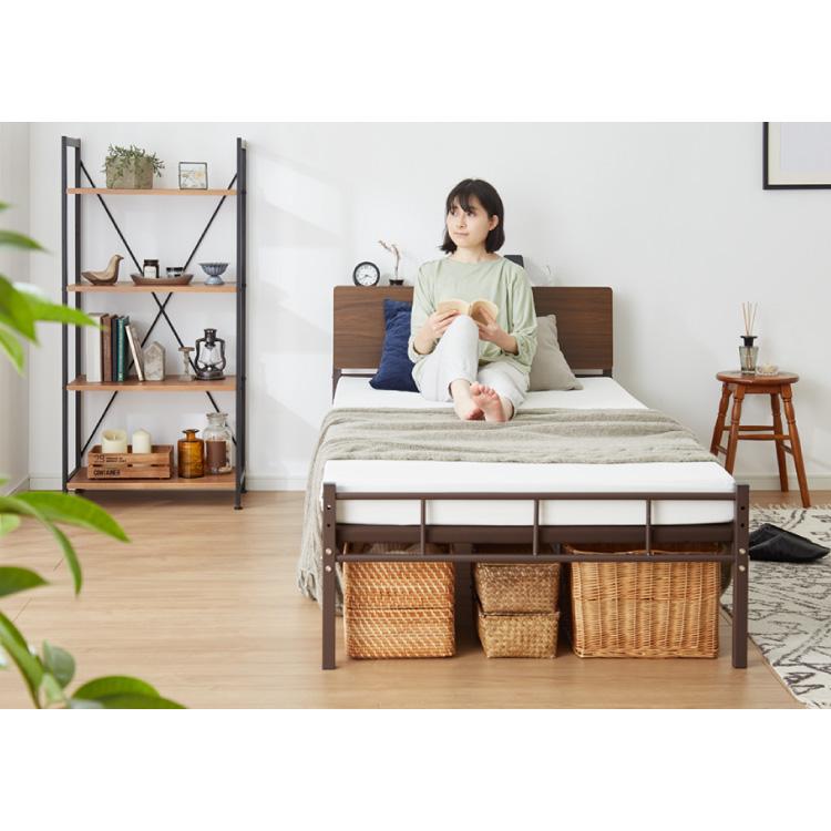 宮付きパイプベッド　シングル　ブラウン　未使用・長期保管品 MINT 宮棚付きベッド 耐荷重300kg 高耐荷重 頑丈 スチールベッド