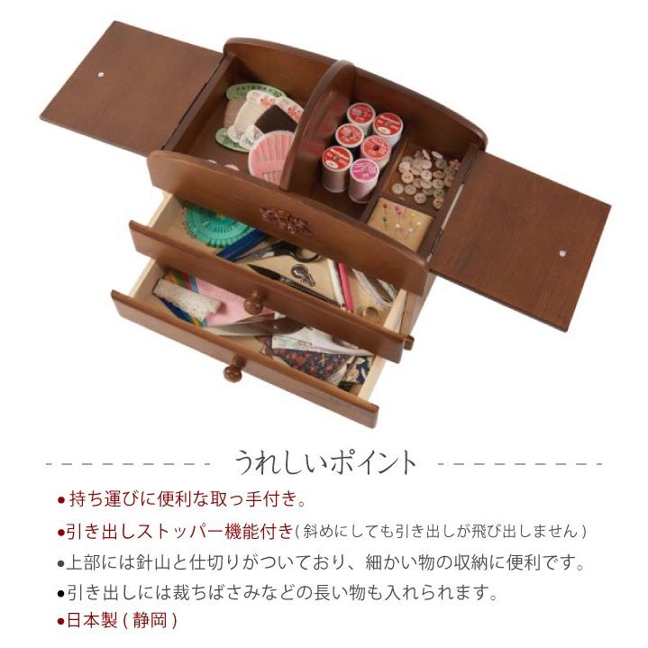 木製引き出し付き収納家具 国産木製裁縫箱 2段 引き出し ストッパー付き ソーイング
