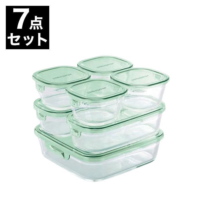イワキ iwaki 耐熱ガラス 保存容器 グラスコンテナ 7個セット グリーン