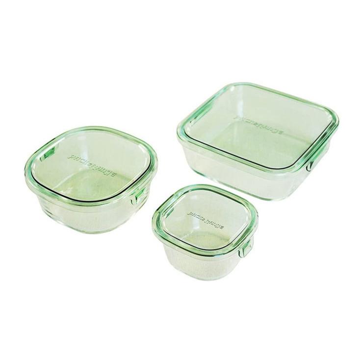 保存容器　グリーン　3個セット イワキ iwaki 耐熱ガラス 保存容器 グラスコンテナ 角型3点セット